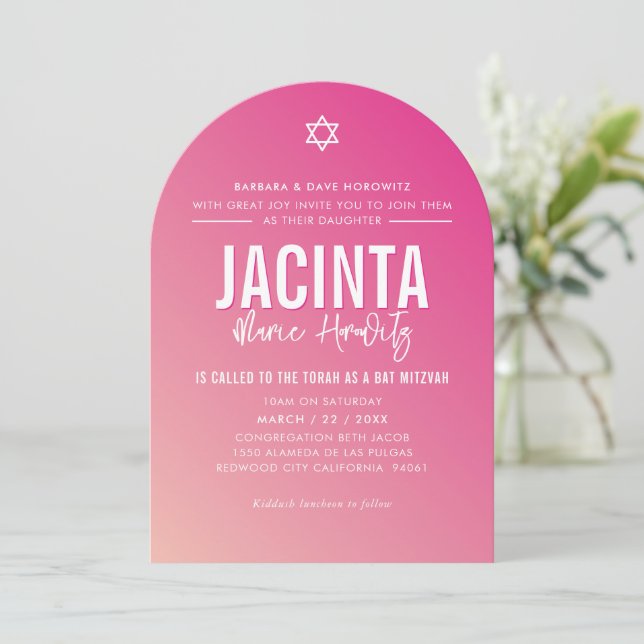 BAT MITZVAH modern star pretty pink gradient  Invitation (Standing Front)