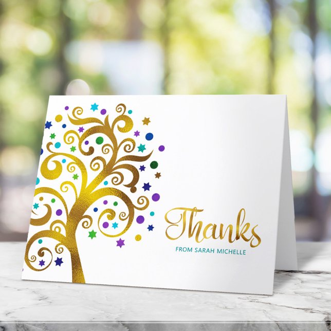 Bat Mitzvah Modern Teal and Gold Foil Tree of Life Thank You Card (Creator Uploaded)