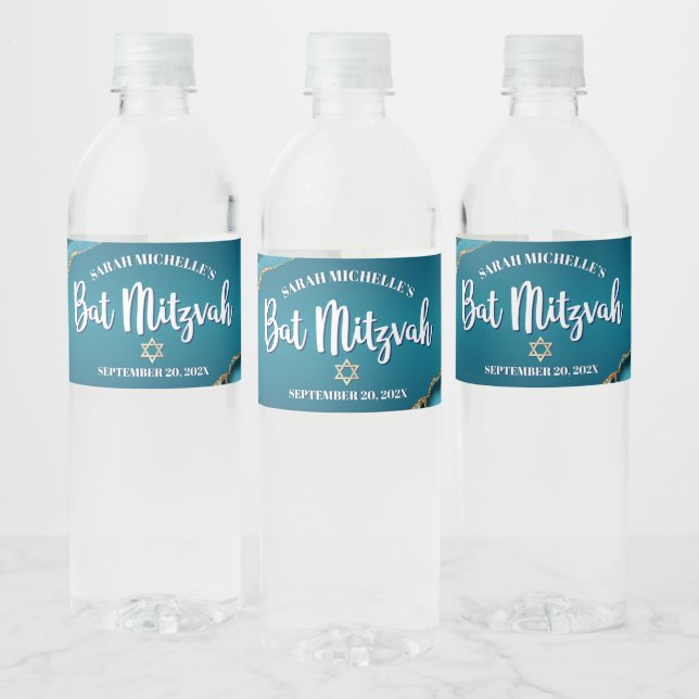 Bat Mitzvah Modern Turquoise Blue Ombre Gold Agate Water Bottle Label (Bottles)