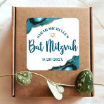 Bat Mitzvah Modern Turquoise Gold Agate Script Square Sticker<br><div class="desc">Be proud, rejoice and showcase this milestone of your favourite Bat Mitzvah! Use this cool, unique, modern, personalised sticker to add to her special day. Dark teal blue script typography and a faux gold Star of David overlay a simple, clean white background with turquoise blue agate rocks accented with faux...</div>