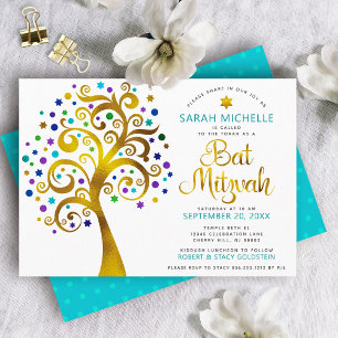 Bat Mitzvah Modern Turquoise Gold Tree of Life Invitation