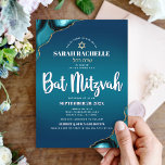 Bat Mitzvah Modern Turquoise Ombre Agate Script Invitation<br><div class="desc">Be proud, rejoice and showcase this milestone of your favourite Bat Mitzvah! Send out this cool, unique, modern, personalised, Hebrew name invitation for an event to remember. White script typography and a faux gold Star of David overlay a deep turquoise teal blue ombre background with turquoise blue agate accented with...</div>