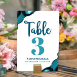 Bat Mitzvah Modern Turquoise Teal Agate Script Table Number<br><div class="desc">No Bat Mitzvah party is complete without personalised table number cards. Let your daughter be proud, rejoice and celebrate her milestone at her perfectly coordinated party. Dark teal blue calligraphy script, turquoise blue and teal blue typography, and turquoise blue agate rocks accented with faux gold veins overlay a clean, white...</div>