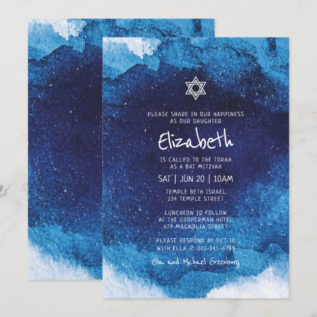 Bat Mitzvah Modern Typography Blue Watercolor Invitation (Front/Back)
