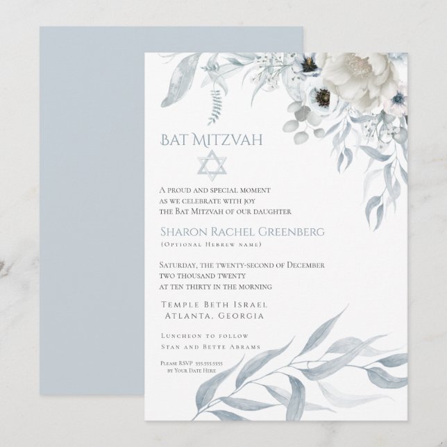 Bat Mitzvah  Modern Watercolor  Dusty Blue Floral Invitation (Front/Back)