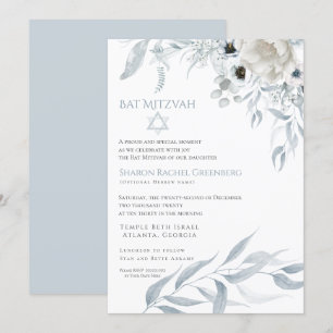 Bat Mitzvah  Modern Watercolor  Dusty Blue Floral Invitation