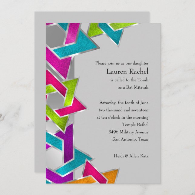 Bat Mitzvah Multicolored Silver Star of David Invitation (Front/Back)