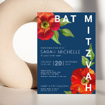 Bat Mitzvah Navy Blue Red Floral Watercolor Modern Invitation<br><div class="desc">Be proud, rejoice and showcase this milestone of your favourite Bat Mitzvah with this sophisticated, personalised invitation! A chic, stunning, red floral watercolor with modern san serif type overlays a navy blue background. Personalise the custom text with your Bat Mitzvah’s name, date, and venue information. Guaranteed to add stylish fun...</div>