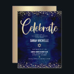 Bat Mitzvah Navy Gold Foil Glitter Script Modern Enclosure Card<br><div class="desc">Be proud, rejoice and showcase this milestone of your favourite Bat Mitzvah! Include this stunning, modern, personalised insert for additional information to your event. Graphic faux gold foil calligraphy script, Star of David, and confetti, overlay a rich, dramatic, navy blue watercolor background. Personalise the custom text with your Bat Mitzvah’s...</div>