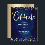 Bat Mitzvah Navy Gold Foil Glitter Script Modern Enclosure Card<br><div class="desc">Be proud, rejoice and showcase this milestone of your favourite Bat Mitzvah! Include this stunning, modern, personalised insert for additional information to your event. Graphic faux gold foil calligraphy script, Star of David, and confetti, overlay a rich, dramatic, navy blue watercolor background. Personalise the custom text with your Bat Mitzvah’s...</div>