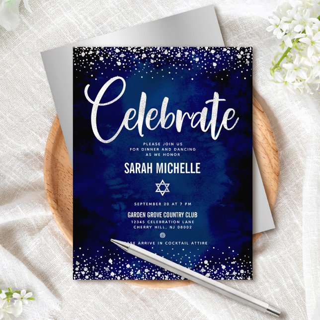 Bat Mitzvah Navy Silver Foil Glitter Script Modern Enclosure Card (Creator Uploaded)