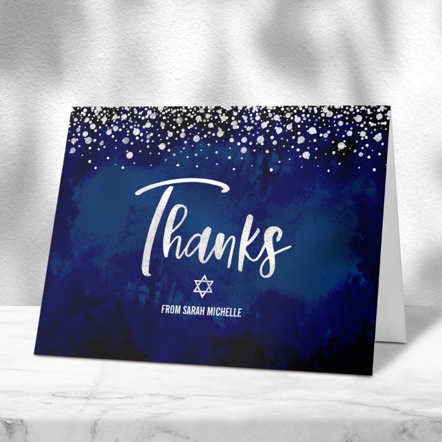 Bat Mitzvah Navy Silver Glitter Foil Modern Script Thank You Card (Creator Uploaded)
