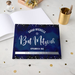 Bat Mitzvah Navy Watercolor Bold Real Silver Foil Guest Book