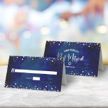 Bat Mitzvah Navy Watercolor Silver Glitter Script Place Card<br><div class="desc">No Bat Mitzvah party is complete without personalised place cards. Let your favourite Bat Mitzvah be proud, rejoice and celebrate her milestone at her perfectly coordinated party. Bold, sans serif typography and sparkly faux silver glitter tiny dots overlay a rich, dramatic, navy blue watercolor background. On the back, white sans...</div>
