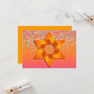 Bat Mitzvah Orange Pink Ombre Faux Gold Glitter Invitation