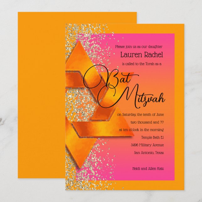 Bat Mitzvah Orange Pink Ombre Faux Gold Glitter Invitation (Front/Back)