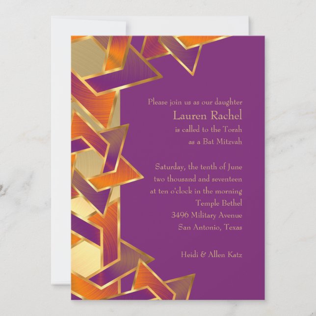 Bat Mitzvah Orange Purple Star of David Any Colour Invitation (Front)