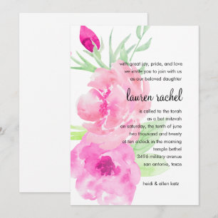 Bat Mitzvah Painted Watercolor Pink Roses Invitation