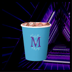Bat Mitzvah Party Name Purple Monogram Sky Blue Paper Cups