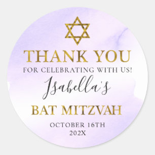 Bat Mitzvah Pastel Purple Gold Thank You Classic Round Sticker