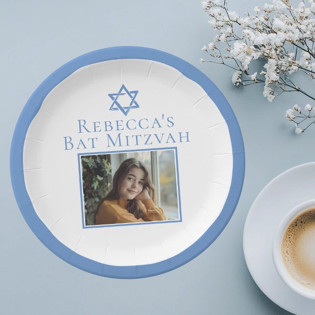 Bat Mitzvah Photo Blue Star of David Party Paper Plate (Creator Uploaded)