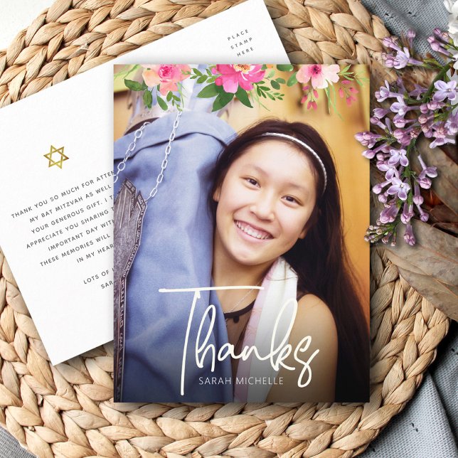 Bat Mitzvah Photo Floral Script Custom Thank You Postcard (Creator Uploaded)