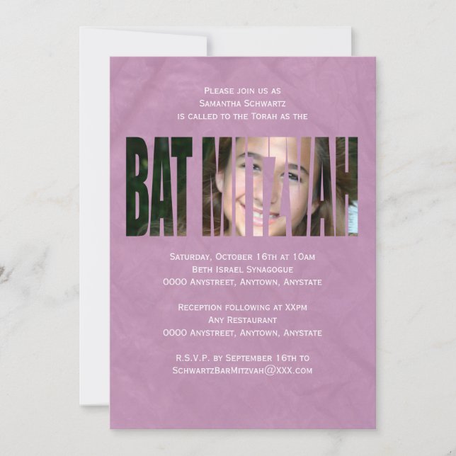 Bat Mitzvah Photo Invitation in Purple (Front)