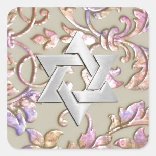 Bat Mitzvah Pink and Purple Embossed Look Damask Square Sticker