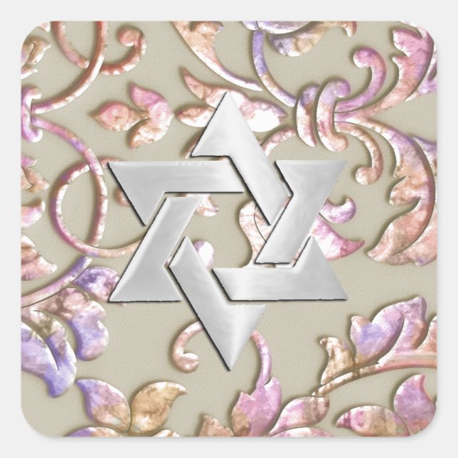 Bat Mitzvah Pink and Purple Embossed Look Damask Square Sticker (Front)