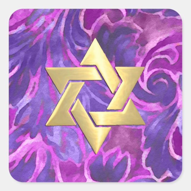 Bat Mitzvah Pink and Purple Watercolor Damask Square Sticker (Front)