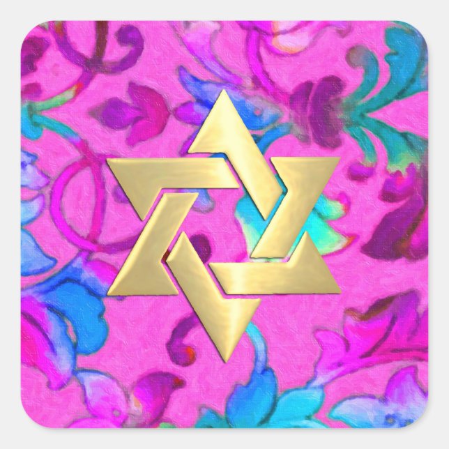 Bat Mitzvah Pink and Turquoise Painted Damask Square Sticker (Front)