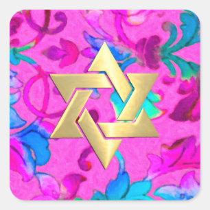 Bat Mitzvah Pink and Turquoise Painted Damask Square Sticker