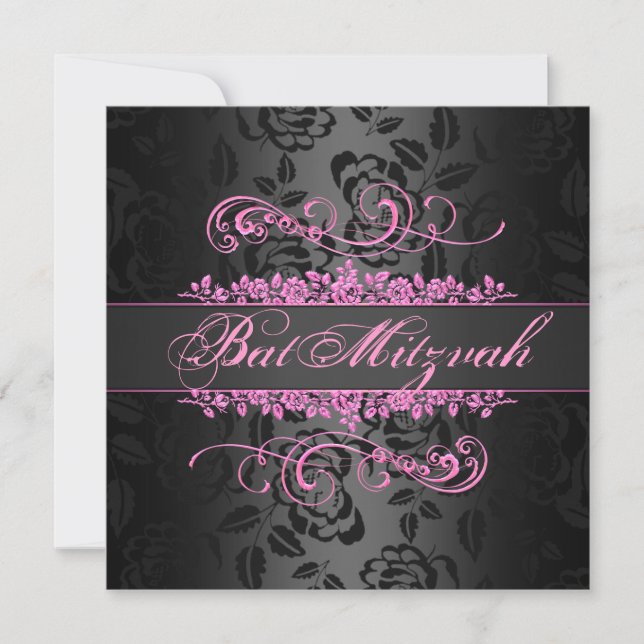 Bat Mitzvah Pink/Black Rose Swirl Birthday Invite (Front)