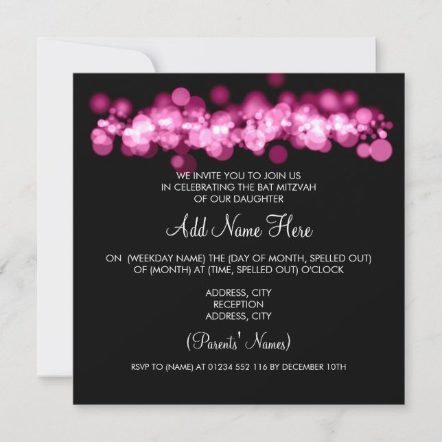Bat Mitzvah Pink Bokeh Lights Invitation (Front)