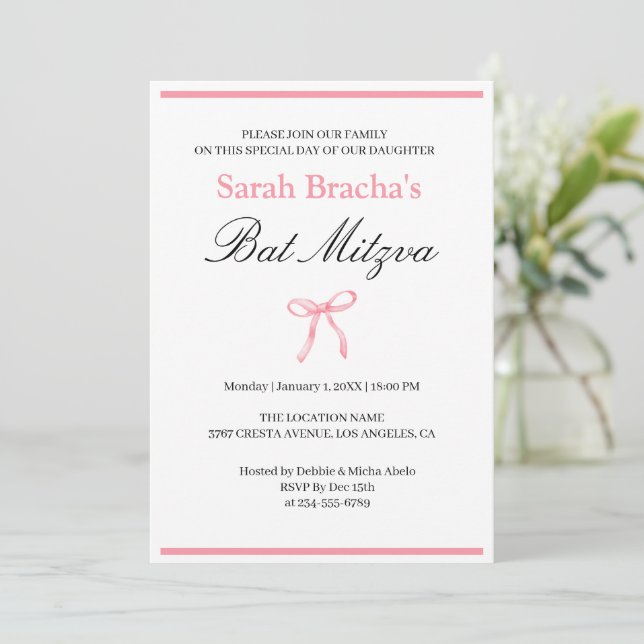 Bat Mitzvah Pink Coquette Watercolor Bow Invitation (Standing Front)