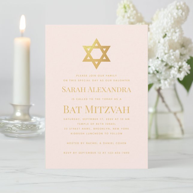 Bat Mitzvah Pink & Faux Gold Star of David Simple  Invitation (Creator Uploaded)