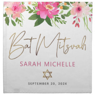 Bat Mitzvah Pink Floral Gold Script Challah Cover Napkin