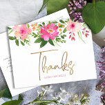 Bat Mitzvah Pink Floral Gold Script Thank You Postcard<br><div class="desc">Make sure your favourite Bat Mitzvah shows her appreciation to all who supported her milestone event! Send out this sophisticated, personalised thank you postcard! A chic, stunning, pink and peach floral watercolor with faux gold foil script typography and modern dusty rose sans serif type overlay a white background. A gold...</div>