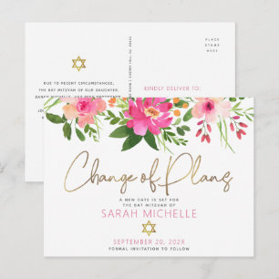 Bat Mitzvah Pink Floral Watercolor Gold Script Invitation Postcard