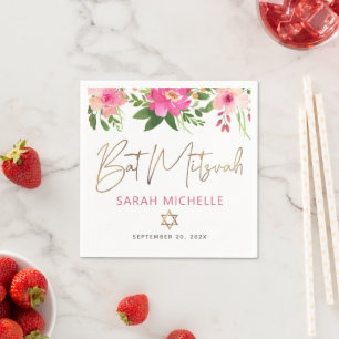 Bat Mitzvah Pink Floral Watercolor Gold Script Napkin