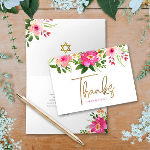 Bat Mitzvah Pink Floral Watercolor Gold Script Thank You Card