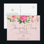 Bat Mitzvah Pink Floral Watercolor Modern Script Invitation Postcard<br><div class="desc">Make sure all your friends and relatives will still be able to celebrate your daughter’s milestone Bat Mitzvah, regardless of current global unforeseen circumstances. Send out this chic, personalised “Change of Plans” announcement postcard. A stunning, pink and peach floral watercolor with faux gold foil script typography and modern dusty rose...</div>
