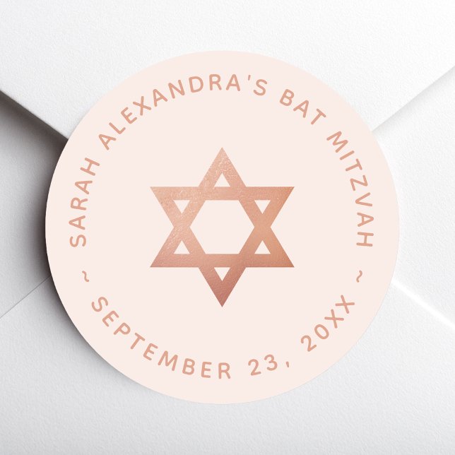 Bat Mitzvah Pink Girl Rose Gold Star of David Classic Round Sticker (Creator Uploaded)