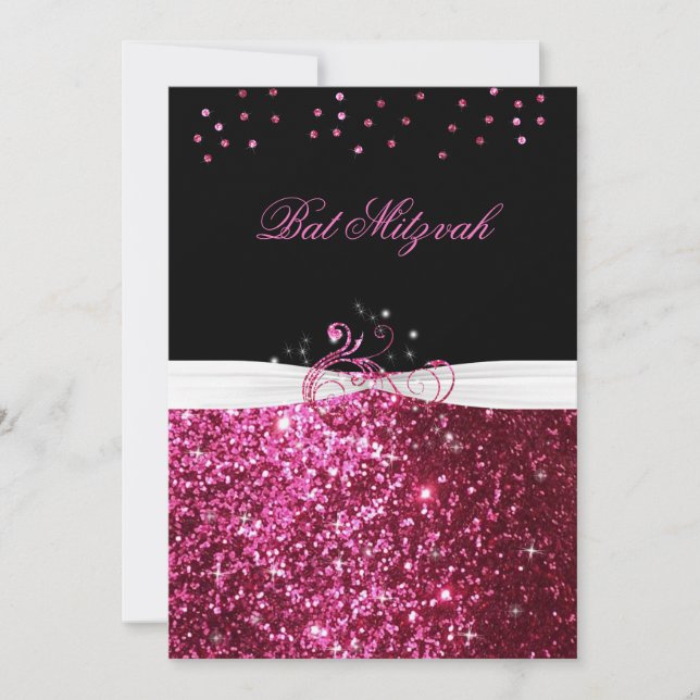 Bat Mitzvah, Pink Glitter, Custom Invitation (Front)