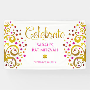 Bat Mitzvah Pink Gold Foil Script Tree of Life Banner
