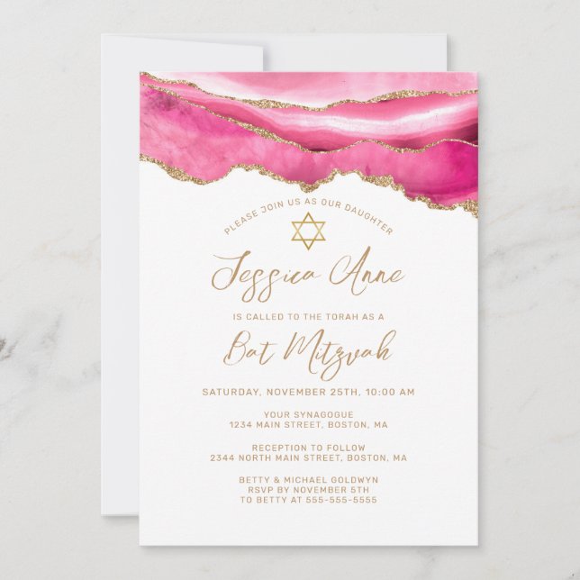 Bat Mitzvah Pink Gold Glitter Agate Invitation (Front)