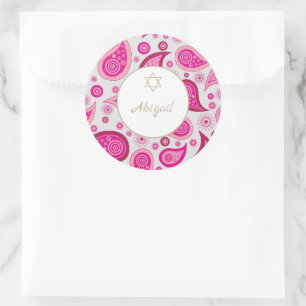 Bat Mitzvah Pink Gold Pattern Modern  Classic Round Sticker