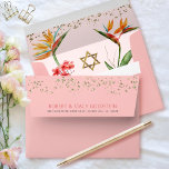 Bat Mitzvah Pink Gold Tropical Floral Watercolor Envelope<br><div class="desc">Open up this dusty rose pink envelope and you’ll find a surprise, graphic visual of colourful tropical watercolor birds of paradise flowers and a faux gold foil Star of David and tiny glitter dots overlaying a pale, dusty, light pink background. The outside back flap boasts faux gold glitter dots and...</div>