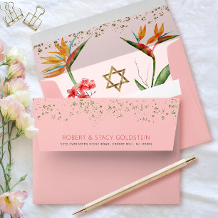 Bat Mitzvah Pink Gold Tropical Floral Watercolor Envelope