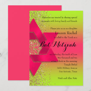 Bat Mitzvah Pink Green Ombre Faux Gold Glitter Invitation